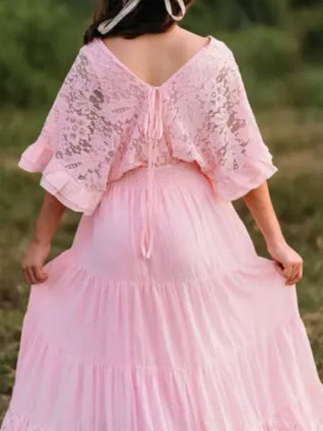 Woochic robe longue shooting dentelle à volantée décolleté plongeant manches trompette de soirée